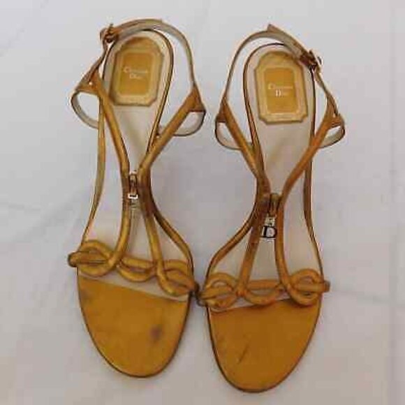 CHRISTIAN DIOR METALLIC STRAPPY BRONZE LOGO HEEL SANDALS SIZE 39 - Picture 1 of 12